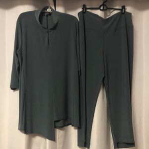 Sympli pant and top set large in dusty teal notch collar asymmetric swing top
